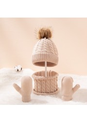 New Winter Hat Scarf Gloves Set For Kids 0-3 Years Boys Girls Children Cotton Warm Pom Poms Hat Sets Solid Color Cute Hat Scarf