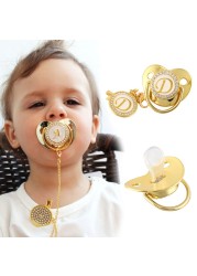 Initial Letter Name Baby Pacifier & Pacifier Clips BPA Free Silicone Infant Nipple Gold Bling Newborn Dummy Soother