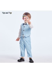 Best and top spring and autumn baby boy gentleman suit white shirt with bow tie striped jacket trousers 3pcs formal kids clothes set