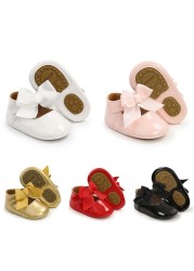 Newborn Baby Shoes Baby Boy Girl Shoes Girl Classic Bowknot Rubber Sole Anti-slip PU Leather Dress Shoes First Walker Toddler Crib Shoes