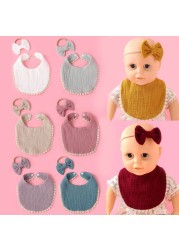 2pcs Baby Saliva Towel With Hairband Set Newborn Soft Cotton Gauze Lace Bib Infant Gauze Saliva Suqare Stuff Burp Cloth Kit