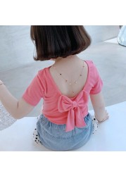 Children T-shirt for Girls Clothes Short Sleeve Back Bow-knot Baby Shirt Cotton 2022 Summer Solid Kids Clothes