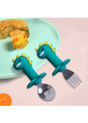 Baby Feeding Spoon Fork Set Silicone Handle Cartoon Dinosaur Tableware Infant Heat Resistant Stainless Steel Spoon Head Cutlery