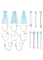 Girl Princess Hair Accessories Kids Elsa Anna Cinderella Crown Braid Wig Set for Children Girls Cosplay Aurora Mermaid Unicorn