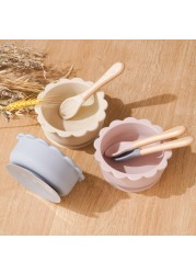 Cute silicone bowl children's complementary tableware food bowl BPA-free waterproof tableware plate wooden spoon silicone fork