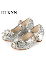 ULKNN-Girls Princess Leather Shoes Casual Floral Sequin High Heel Butterfly Bowknot Shoes Blue Pink Silver