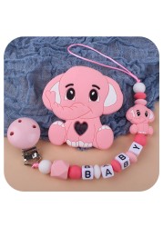 Customized Name Newborn Infant Baby Pacifier Clips Chain Elephant Silicone Beads Toy Teether Toy Doll Baby Holder Pacifier Chain