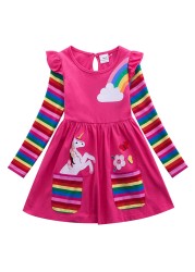 Girl Long Dresses New Autumn Spring Cartoon Girl Dress Casual Cotton Embroidered Girls Long Sleeve Unicorn Dress 81035