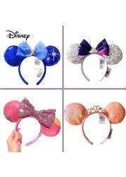 New Disney Mickey Mouse Ears Headband Space Lunar Mountain New Year Minnie Bow Pink Sequins Cartoon Anime Headdress Headband Gif