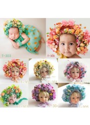 Newborn Photography Props Baby Handmade Flowers Colorful Bonnet Hat Infant Studio Shooting Photo Props Posing Accessories