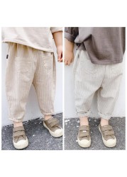 Children's Striped Cotton Pocket Pants Pure Color Casual Sarl Pants Spring-Autumn 2020