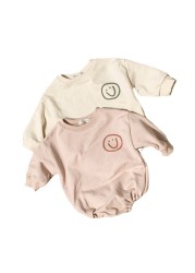 2021 New Baby Cotton Bib Simple Smiley Print Boys Clothes Infant Girl Long Sleeve Loose Jumpsuit Newborn Autumn Clothes