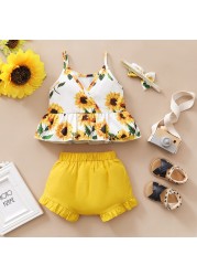 Baby Summer Clothes 0-3Y Baby Kids Baby Girls Clothes Yellow Sunflower Tops T-shirt Floral Bow Pants 3pcs Outfits Set