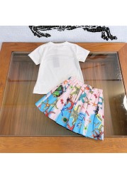 Designer Kids Girls Short Sleeve T-shirt + Starfish Print Pleated Skirt 2 Pieces Set Fluffy Kids Summer Clothes