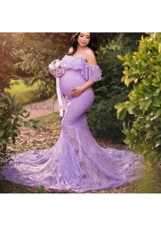 Elegant Maternity Dress Photography Maxi Maternity Dress Women Off Shoulder Spaghetti Strap Ruffles Mermaid Lace Gown Clothes