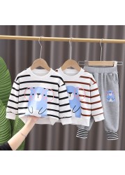 0-5 Years New Spring Children Girls Boys Cartoon Striped T-shirt Sports Pants 2pcs/set Kids Strips Toddler Clothes Cotton Suit