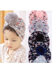 Cute Faux Fur Ball Baby Kids Turban Hat Floral Print Infant Headdress