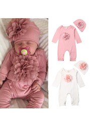 Newborn Baby Long Sleeve Romper 3D Floral Baby Onesie Jumpsuit Newborn Baby Clothes Set Hat Clothes Set