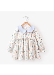 Baby Girls Spring Autumn Flower Printed Dresses Turn-down Collar Dress for Kids Children