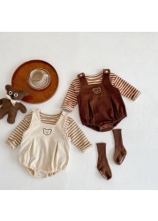 Baby Boys and Girls Clothes Long Sleeve Striped Top Bear Overalls Jumpsuit 2pcs Spring Newborn Baby Clothing Outfits