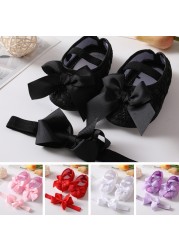 Newborn Girls Shoes First Walkers Princess Bowknot Baby Shoes Soft Sole Non-slip Infant Crib Shoes+Hair Band