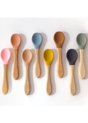 Wooden Feeding Handle Silicone Spoon For Baby Utensils Eat Soild Food Kids Training Ability Manipulation Children's Tableware