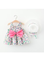 Summer Princess Toddler Girl Dress Floral Printed Newborn Infant Dresses Birthday Party Dress Hat Baby Girl Clothes