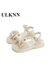 Girls Sandals Girls Bowknot Beach Shoes New Fashion 2022 Summer Children's Lovely Princess Flat White Sandals 2777