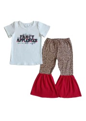 Hot Sale Girl Letter White T-shirt Short Sleeve Leopard Print Bell Pants Red Bottom Cool Kids Clothes 2pcs