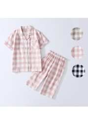 Pink White Girls Plaid Pajamas Set Summer Short Sleeve Top + Pants Baby Sleepwear Pajamas Toddler Sleepwear