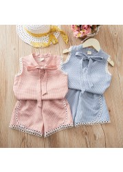 Kids Girl Plaid 2 Pieces Clothing Sets 2022 New Summer Fashion Lattice Bowknot Suits White Sealing Children Clothes Outfit