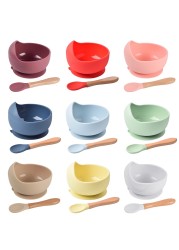 Baby Silicone Bowl Feeding Tableware Children Suction Bowl Plate Wooden Handle Silicone Spoon Dish Set For Baby Kitchen Utensils