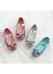 Fashion girls princess shoes bow sequins leather children shoes 2022 new spring wedding party dance round makeup mirror for kids