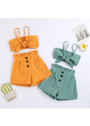 1-6y Infant Kids Baby Girls 2pcs Fashion Summer Clothes Set Bowknot Solid Crop Tops Vest Shorts Pants Outfits