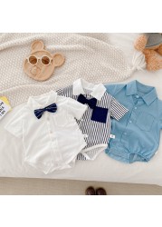 Summer 2022 Infant Boys Short Sleeve Bowtie Lapel Collar Gentleman Birthday Party Baby Bodysuits Rompers Toddler Outfits