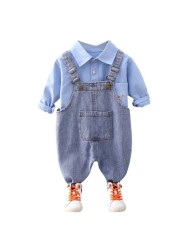 summer baby long sleeve denim shirt straps shorts casual suit boy clothing set children sets 1-4 years for baby