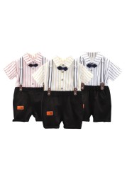 Summer Kids Boys Striped Shirt Straps Shorts Baby Boy Clothing Sets Short Sleeve Genetleman Suit 1-4 Years For Baby