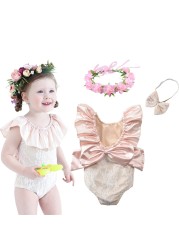 2022 Cute Ruffled Girls Swimwear With Bow Headband Kids Backless Bathing Suit Kids Beachwear