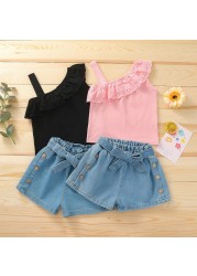 New Summer Girls Top + Denim Short Pants 2pcs Kids Outfits Clothes Toddler Children Costume For 1-6 Years