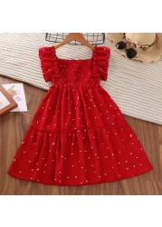 Girls Dot Red Dress Summer 4-11Y Young Children Square Collar Casual Clothing Kids Knee Length Short Sleeve Princess Dresses New