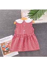 Summer Toddler Girls Sweet Dress 2021 New Casual Fashion Kids Plaid Skirt Baby Peter Pan Collar with Fruit Printed Clothing