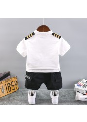 New Summer Baby Boys Handsome Captain Clothing Sets Baby Girls Print Cotton T-shirt + Shorts 2pcs Sets Kids Infant Clothes