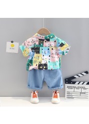 Baby Boy Boys Clothes Cotton Short Sleeve Animal Print Gentleman T-shirts Short Jeans Set Baby Outfits Boy's Clothing Suit