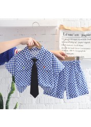 Summer cotton baby boy clothing sets infant birthday formal plaid shirt shorts 2pcs/set causal with tie tracksuit