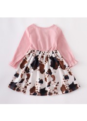 Girlymax Fall/Winter Baby Girls Children Clothing Pink Cow Print Denim Dress Milk Silk Boutique Long Sleeve Knee Length