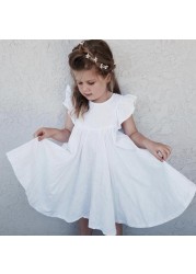 Solid White Girls Dress Ruffle Sleeve Kids Summer Clothes Baby Girls Linen Cotton Dresses A-line Casual O-neck Dress