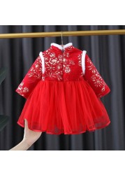 Warm New Year Wear Fleece Winter Girls Princess Dress Children Kids Baby Long Sleeve Velvet Mesh Chinese Qipao Dresses Vestido