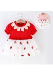 Cute Summer Short Sleeve Strawberry Print Dress Baby Kids Holiday Party Dresses Tulle Princess Dress For Girls