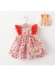 Summer Sleeveless Bowknot Dress Ruffles Floral Print Dress Bag Set Vacation Party Dress Toddler Infant Baby Girls Princess Dress