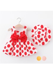 Cute Girls Dress New Summer Baby Boy Dresses Cute Sleeveless Bowknot Baby Dress Girls Dot Print Princess Dress Hat Set